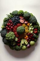 un manojo de frutas y vegetales arreglado en un círculo. ai generado foto