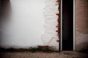 un blanco pared con un negro puerta y un ladrillo piso. ai generado foto