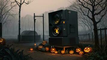 A Group Of Carved Pumpkins Sitting In Front Of A Speaker. AI Generated photo