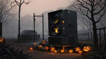 A Group Of Carved Pumpkins Sitting In Front Of A Speaker. photo