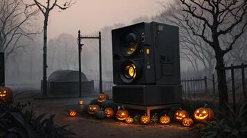 A Group Of Carved Pumpkins Sitting In Front Of A Speaker. AI Generated photo