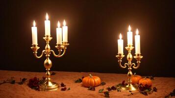 A Group Of Candles Sitting On Top Of A Table. photo