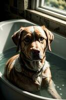 un marrón y blanco perro sentado en un bañera tina. ai generado foto