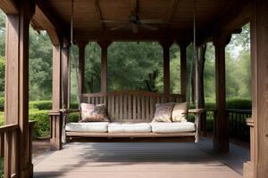 A Wooden Porch Swing With Pillows On It. AI Generated photo