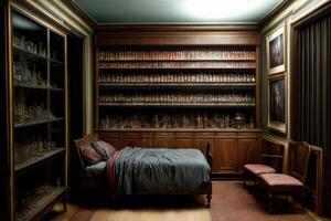 A Bed Sitting In A Bedroom Next To A Book Shelf. AI Generated photo