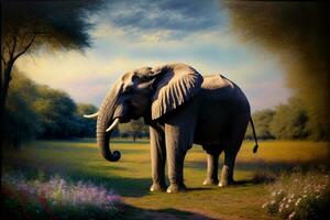 A Painting Of An Elephant Standing In A Field. AI Generated photo