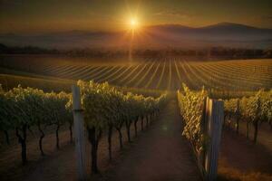 A Painting Of A Vineyard At Sunset. AI Generated photo