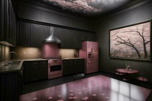 un cocina con rosado accesorios y un pintura en el pared. ai generado foto