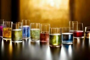 A Row Of Glasses Filled With Different Colored Liquids. AI Generated photo