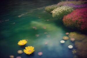 A Group Of Yellow Flowers Floating On Top Of A Lake. photo