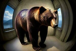 A Large Brown Bear Standing Next To A Window. AI Generated photo