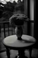A Black And White Photo Of A Vase On A Table. AI Generated