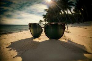 un par de Gafas de sol sentado en parte superior de un arenoso playa. ai generado foto
