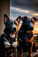 A Couple Of Dogs Sitting Next To Each Other. photo