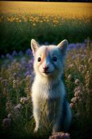 A Small White Kitten Sitting In A Field Of Flowers. AI Generated photo