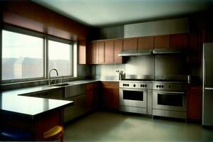 un cocina con inoxidable acero accesorios y un grande ventana. ai generado foto