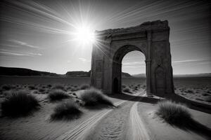 A Black And White Photo Of An Arch In The Desert. AI Generated