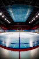 un hielo pista en un hockey estadio con luces. ai generado foto