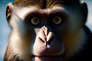 A Close Up Of A MonkeyS Face With A Blue Sky In The Background. photo