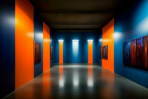 A Long Hallway With Orange And Blue Walls. AI Generated photo