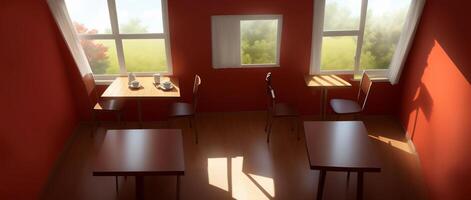 A Room That Has Some Tables And Chairs In It. photo