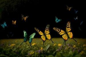 un grupo de mariposas volador terminado un lozano verde campo. ai generado foto