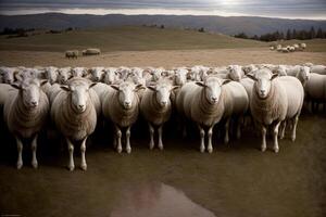 A Herd Of Sheep Standing Next To Each Other. AI Generated photo