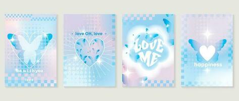 Idol lover posters set. Cute gradient holographic background vector with heart pixel, heart, sparkle, butterfly, halftone. Y2k trendy wallpaper design for social media, cards, banner, flyer, brochure.