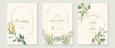 Luxury botanical wedding invitation card template. Watercolor card with gold line art, flower, eucalyptus leaves, foliage. Elegant blossom vector design suitable for banner, cover, invitation.