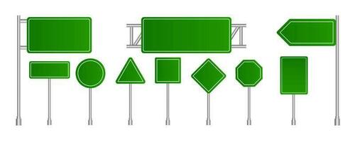 Vector road green sign realistic highway signage on pole 3d roadside pointers isolated