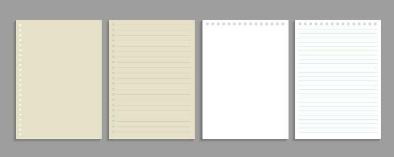 Realistic lined notepapers. Blank gridded notebook papers for homework and exercises.
