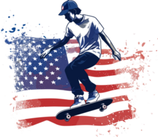 une planche patineur dans de face de une Etats-Unis drapeau, génératif ai png