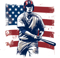 ein Baseball Spieler im Vorderseite von ein USA Flagge, generativ ai png