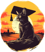 A cat wearing graduation hat in front of a vintage, Generative Ai png