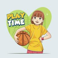 jugar tiempo. un linda pequeño niña sostiene un baloncesto en su mano vector ilustración Pro descargar