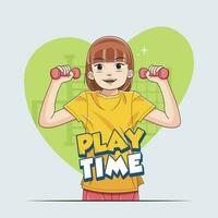 Play Time. Little cute happy girl with dumbbells vector illustration free download