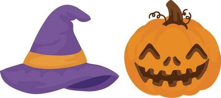 Vector of halloween event celebration scary pumpkin icon and witches hat clipart
