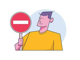 Stop sign and rejection concept, man character standing with red sign stop in hands vector