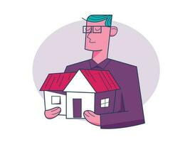 Man holds model of house in hands. agent from real estate office concept vector