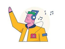 hipster hombre personaje es escuchando a su favorito canción en auriculares vector