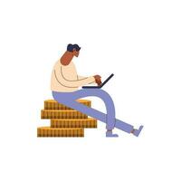 hombre utilizando ordenador portátil sentado en monedas personaje vector