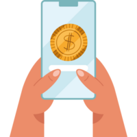 hands using smartphone with coin icon png