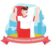 A Woman Holding Indonesian Flag On Independence Day Illustration vector