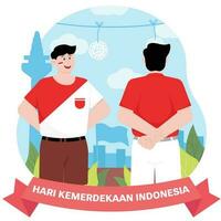 The Two Men Are Competing To Eat Crackers On Indonesia's Independence Day Illustartion vector