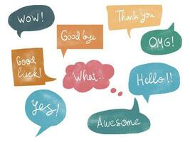 hand drawn Set of comic speech bubbles with words. hello, wow, omg, yes, what, thank you. Doodle vector illustration