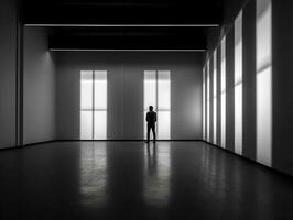 negro y blanco imagen de un silueta en el vacío habitación generativo ai foto