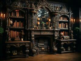 a photography of classical wooden library, insane detail AI generative photo