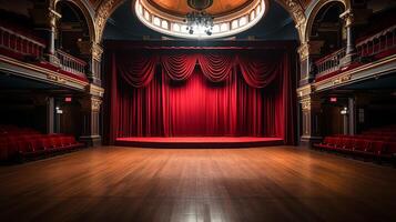 teatro escenario, con rojo cortina, de madera piso, sillas y Encendiendo ai generativo foto