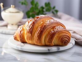 photography of french croissant on the white marble table AI generated photo