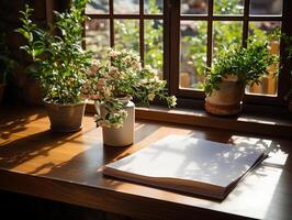 paper on the wooden table, real photography with smooth lighting and sun light AI generate photo